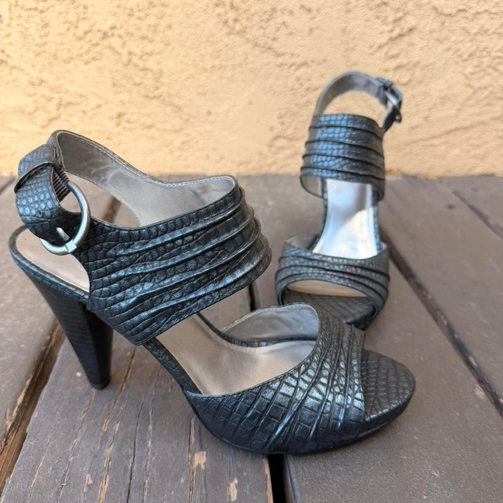 Black croc print high heels with ankle strap by Reba